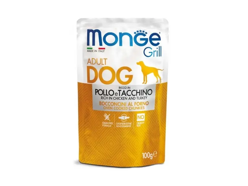 Monge GRILL Dog Pouches CHICKEN & TURKEY Konservuotas pašaras šunims 100 g
