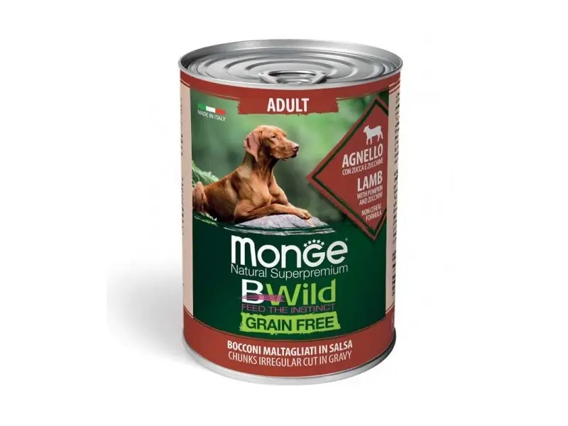 Monge BWILD Dog Adult Chunkies Grain Free Lamb with Pumpkin&Zucchini Konservuotas pašaras šunims su ėriena 400g
