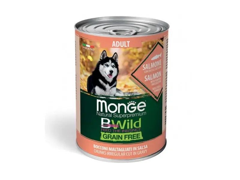Monge BWILD Dog Adult Chunkies Grain Free Salmon with Pumpkin&Zucchini Konservuotas pašaras šunims su lašiša 400g
