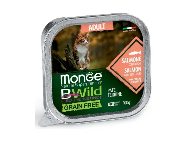 Monge BWILD Cat Grain Free Adult Salmon and Vegetables Konservuotas pašaras katėms 100 g