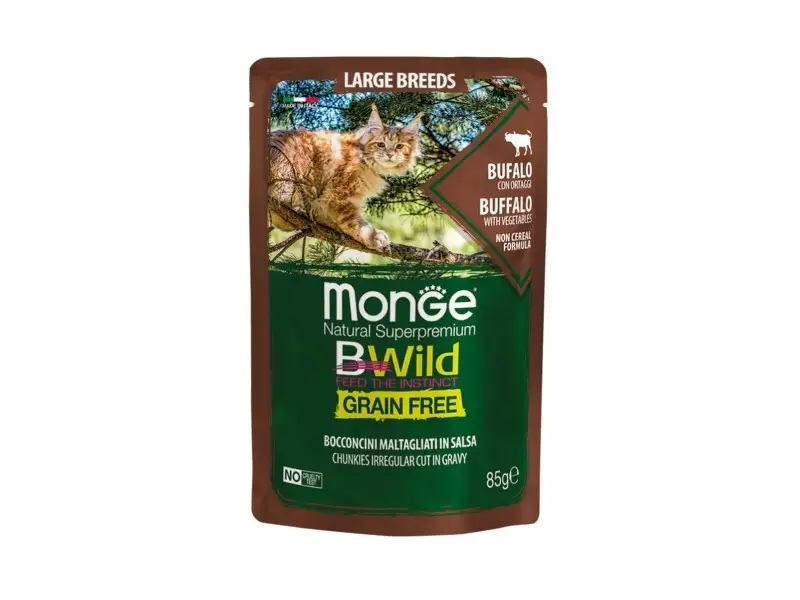 Monge BWILD Cat Pouches Gr.Fr. All Age Large Br. Buffalo with Vegetables Konservuotas pašaras katėms su buivoliena 85 g