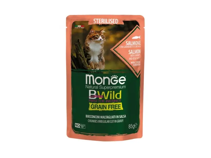 Monge BWILD Cat Pouches Gr.Fr. Adult Sterilised Salmon, Shrimps and Vegetables Konservuotas pašaras katėms 85 g
