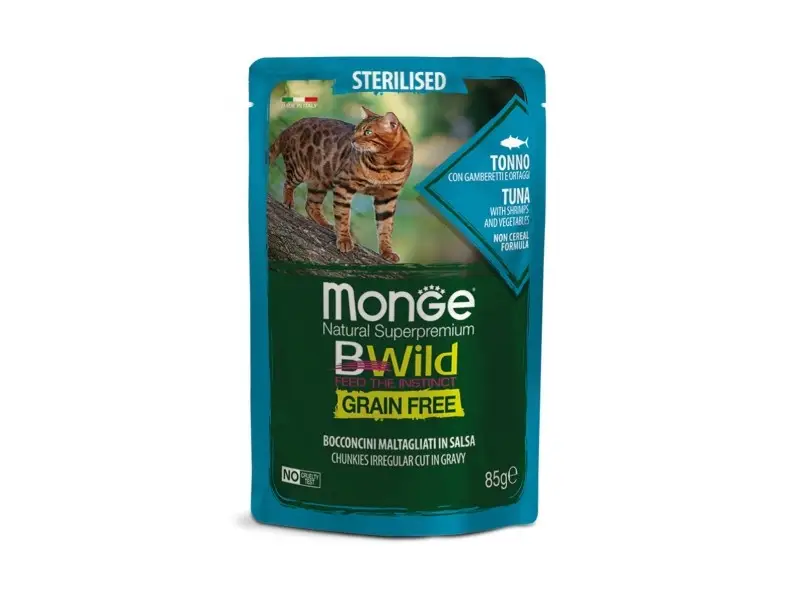Monge BWILD Cat Pouches Gr.Fr. Adult Sterilised Tuna, Shrimps and Vegetables Konservuotas pašaras katėms 85 g